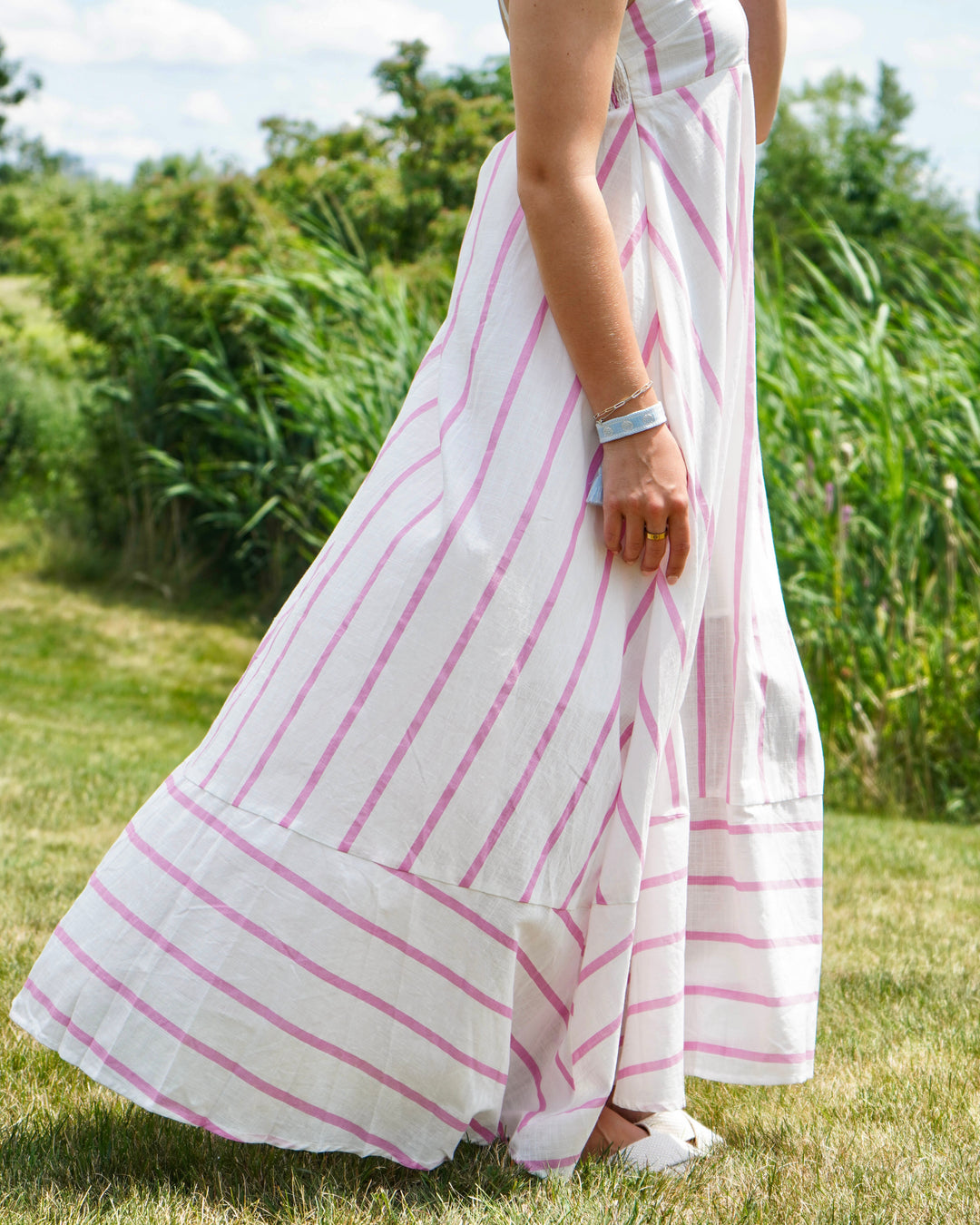 Women's Linen Striped Maxi Dress- Poppy Pink