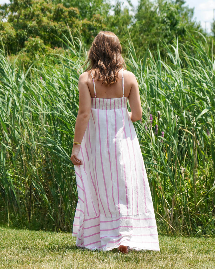 Women's Linen Striped Maxi Dress- Poppy Pink