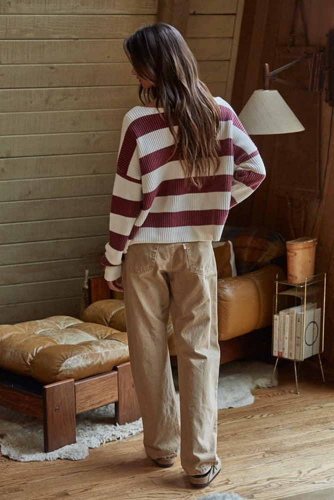 Women’s Striped Boat Neck Sweater- Maroon/White