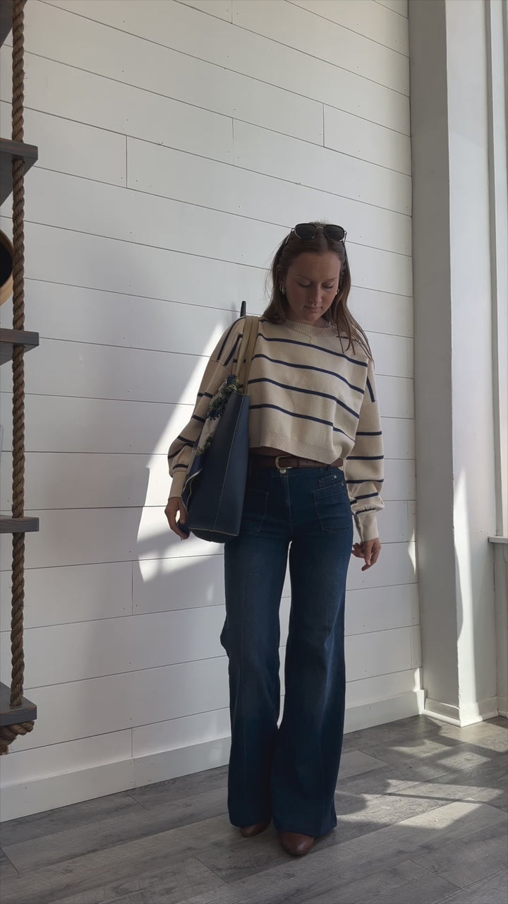 Women's Striped Pullover Sweater-Beige/Navy
