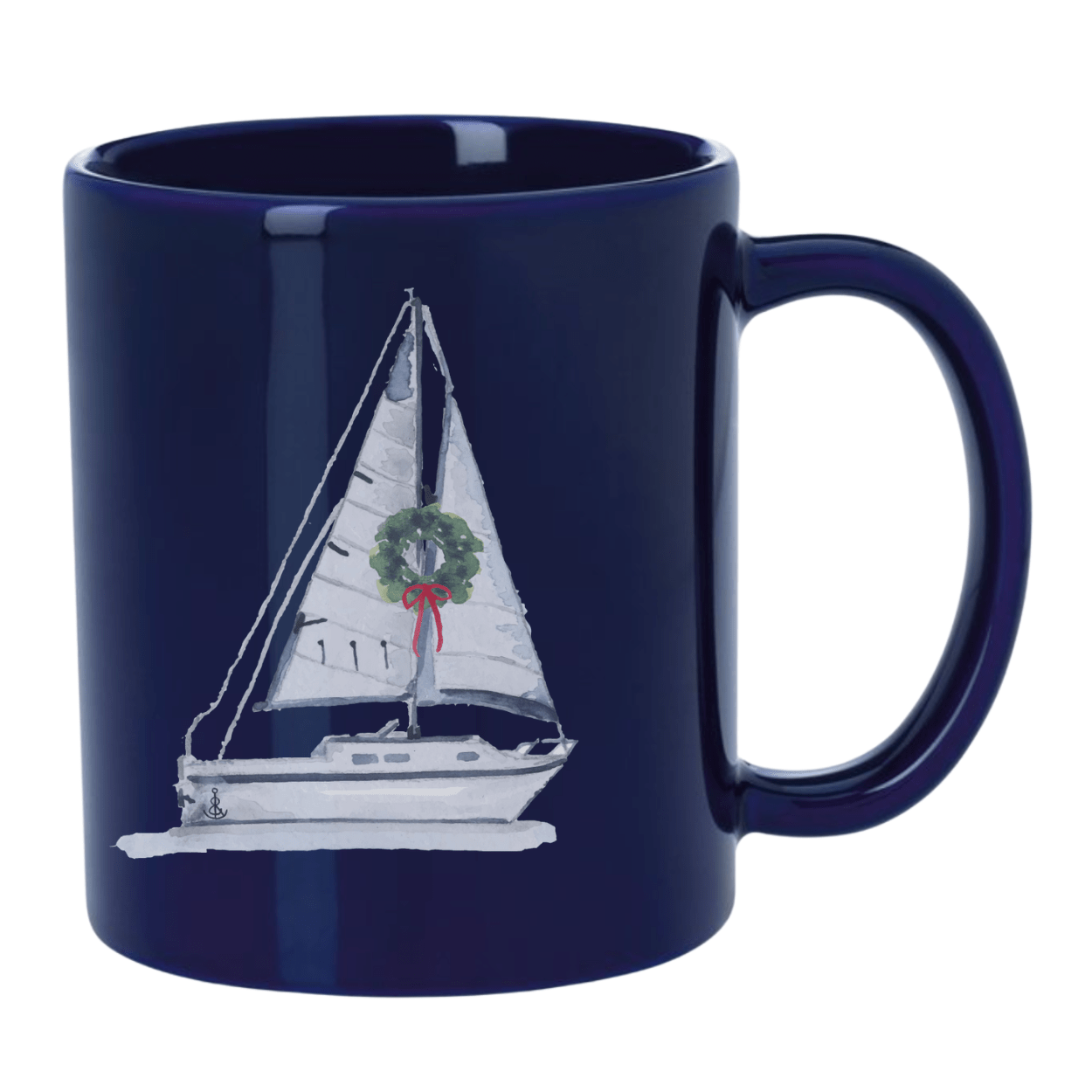 Holiday Watercolor Sailboat Mug- Navy