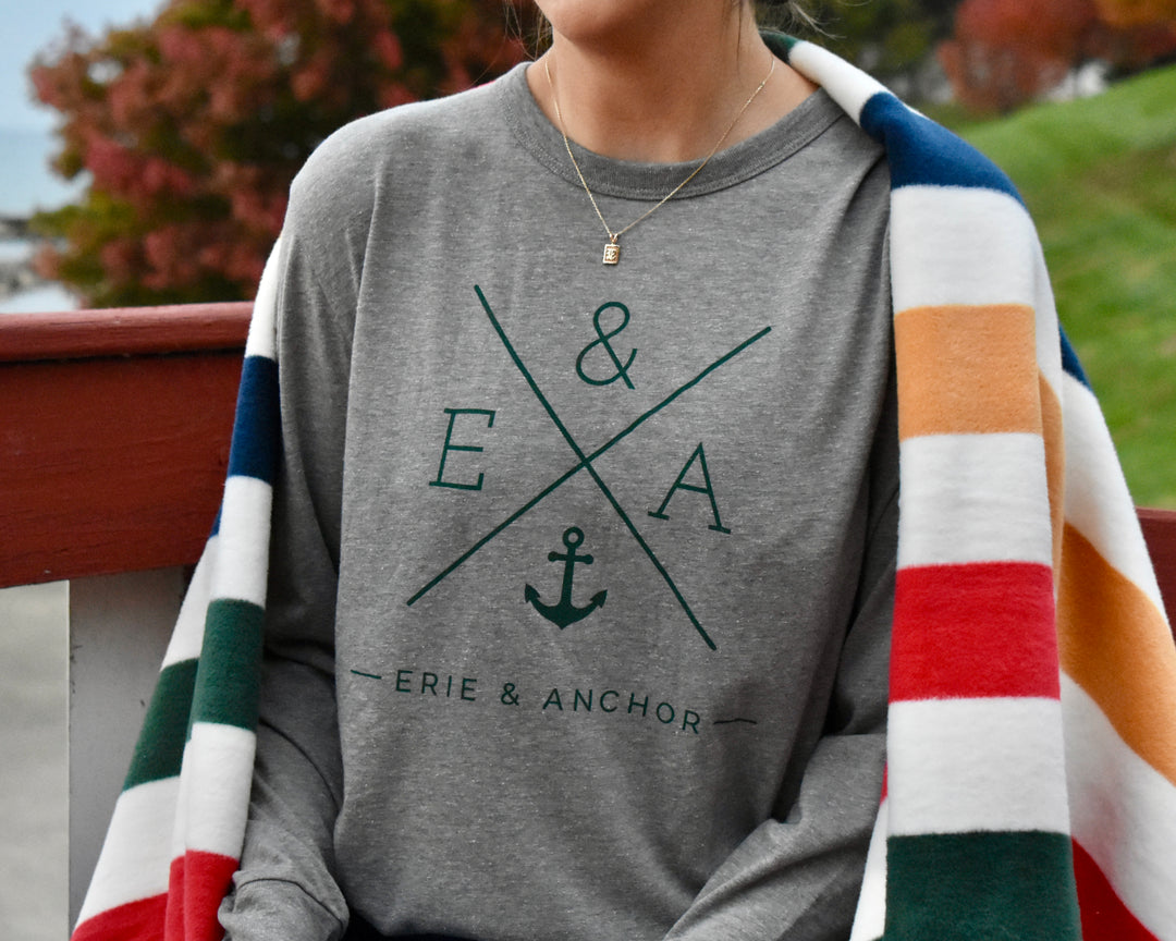 FINAL SALE Unisex Crosswinds Long Sleeve Tee - Gray/Hunter Green
