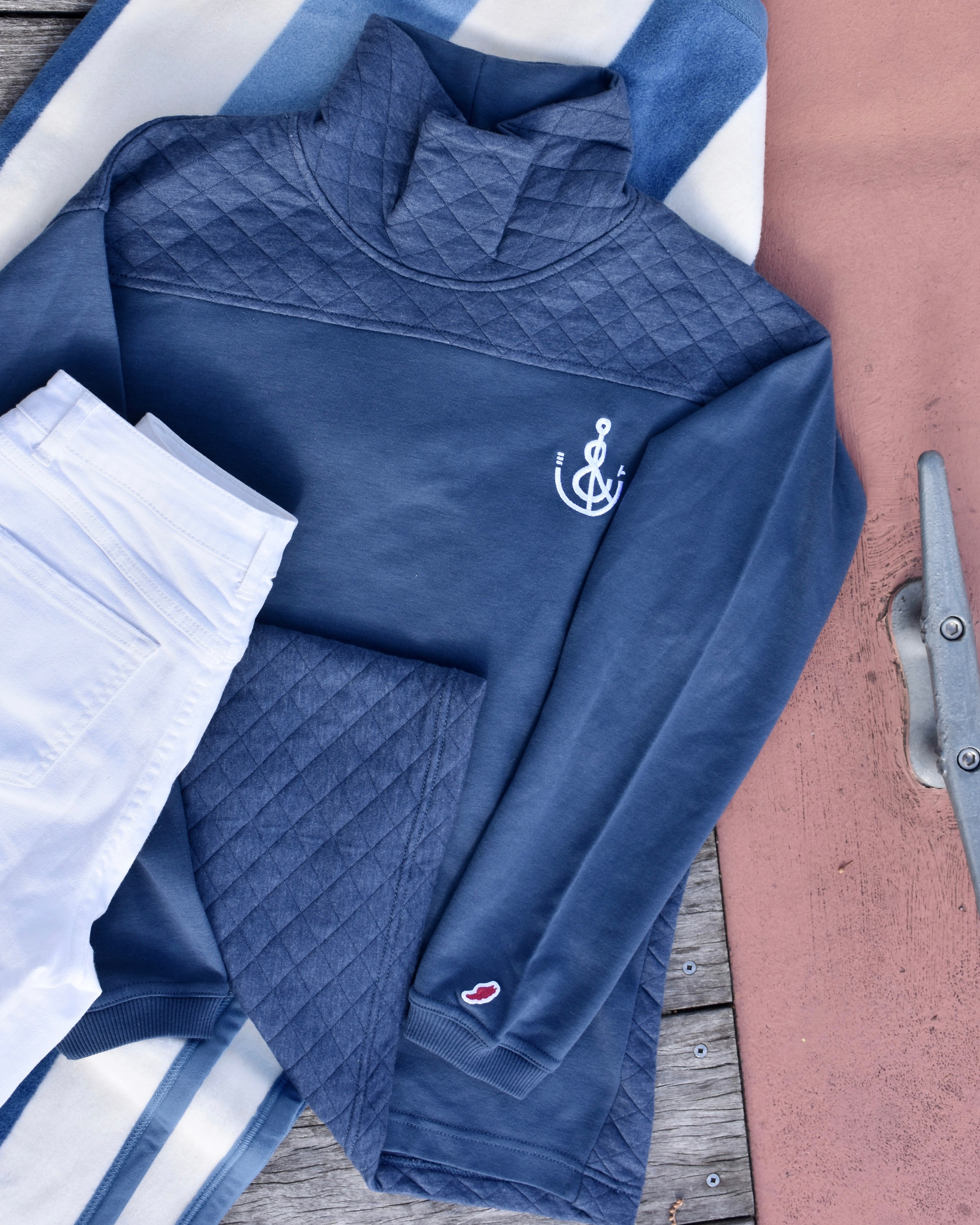 Women's Quilted Anchor Funnel Neck- Light Navy